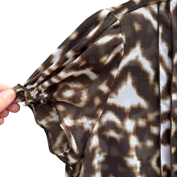 East 5th Womens Pleated Placket Brown Abstract Button-Up Gathered Sleeve Blouse - Picture 3 of 9
